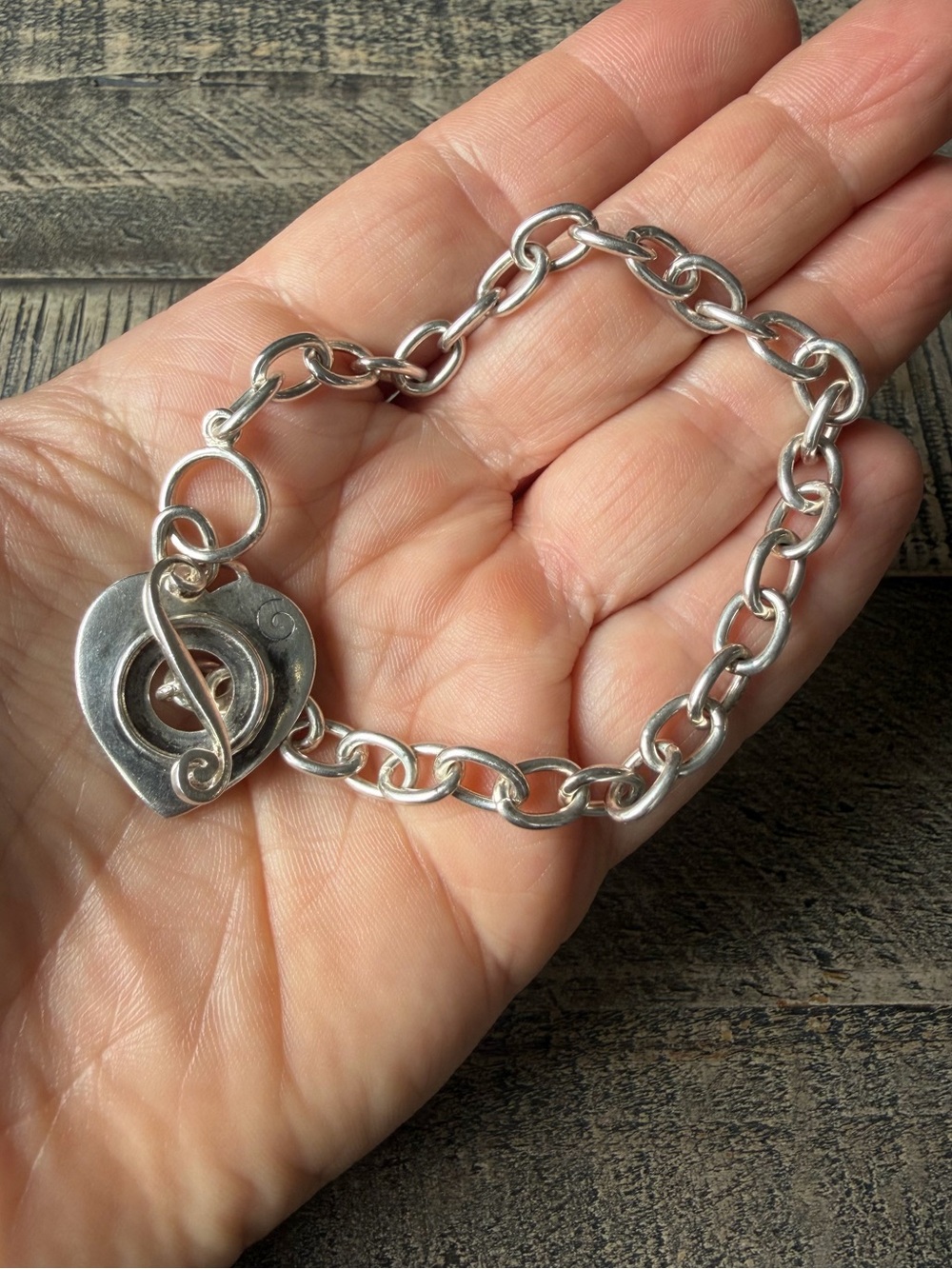 Vintage Sterling Silver Heart Toggle Chain Bracelet